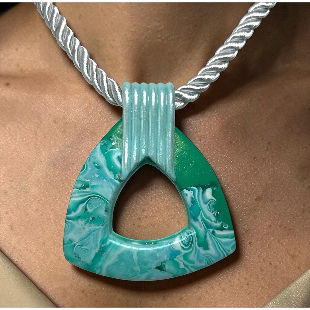 Artisan Blue & Green Polymer Clay Pendant Necklace w/ Stainless Steel Clasp